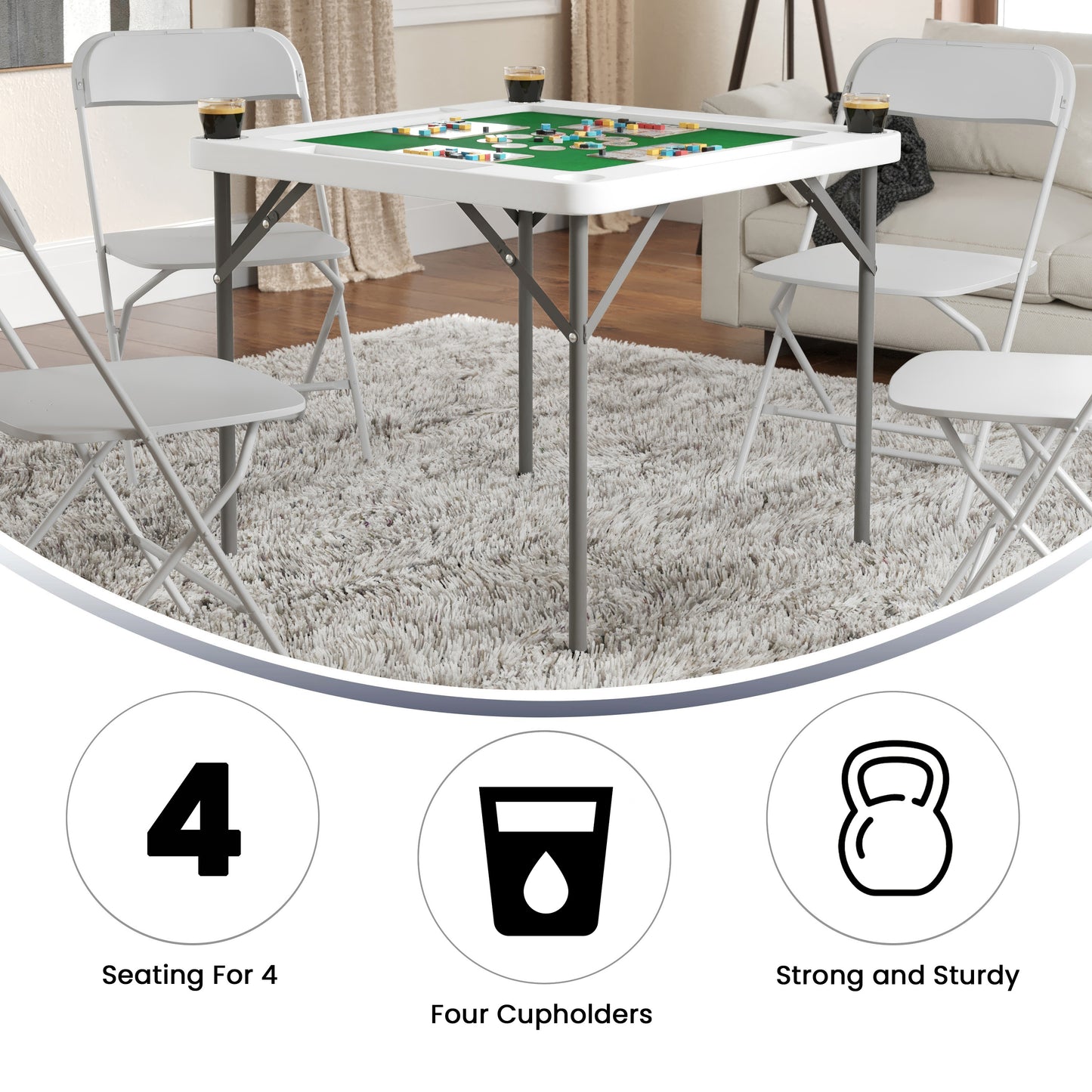 Silas 34.5" Square 4-Player Folding Card Game Table with Green Playing Surface and Cup Holders Granite White
