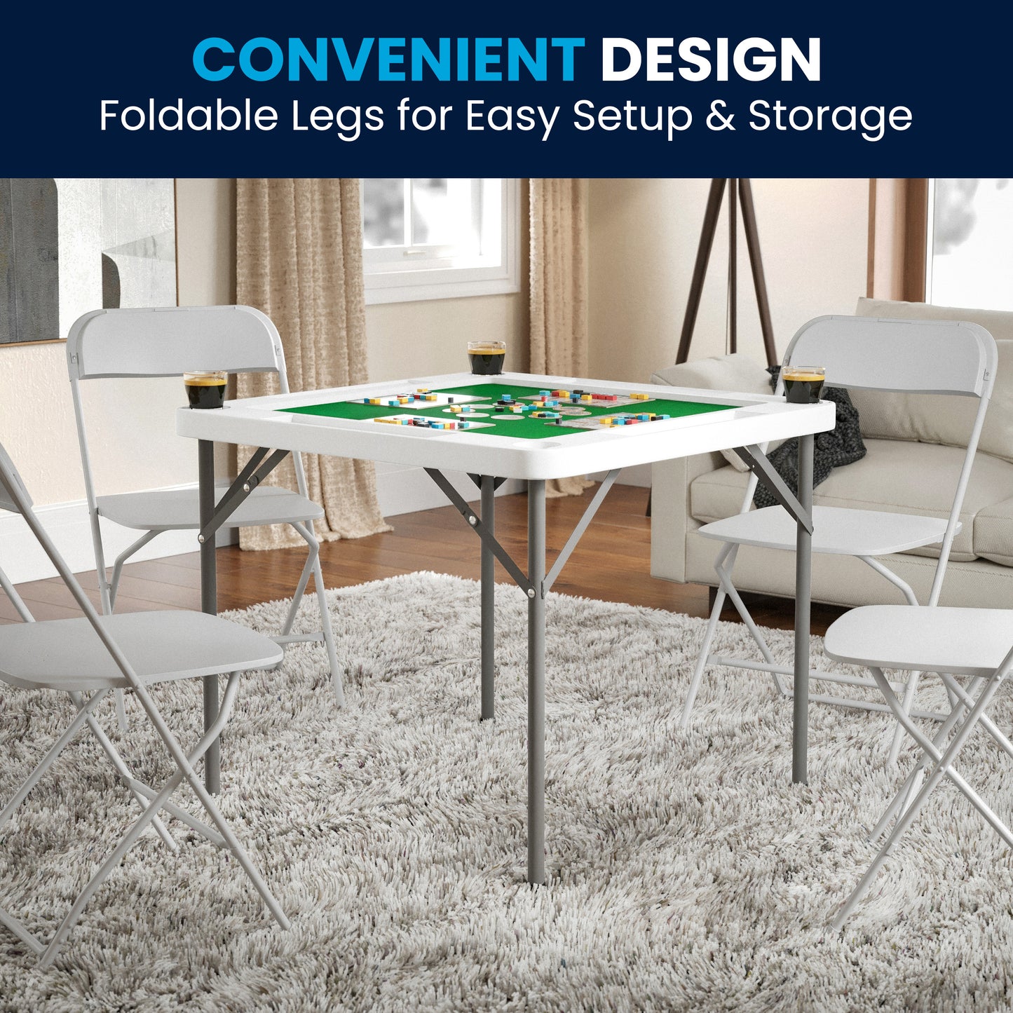 Silas 34.5" Square 4-Player Folding Card Game Table with Green Playing Surface and Cup Holders Granite White