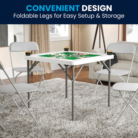 Silas 34.5" Square 4-Player Folding Card Game Table with Green Playing Surface and Cup Holders Granite White