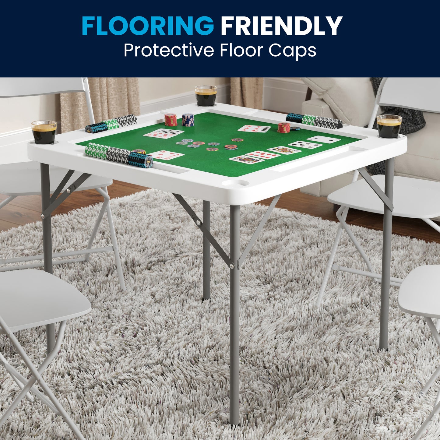 Silas 34.5" Square 4-Player Folding Card Game Table with Green Playing Surface and Cup Holders Granite White