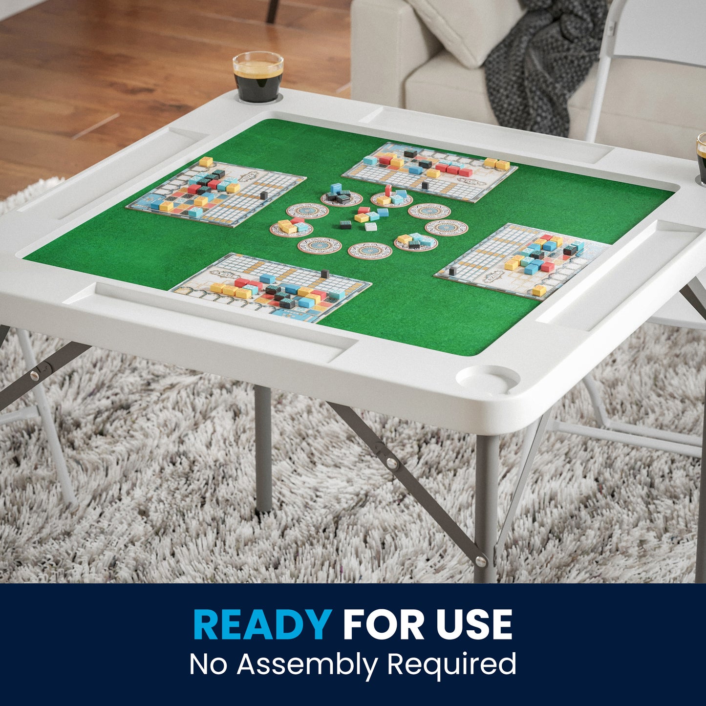 Silas 34.5" Square 4-Player Folding Card Game Table with Green Playing Surface and Cup Holders Granite White
