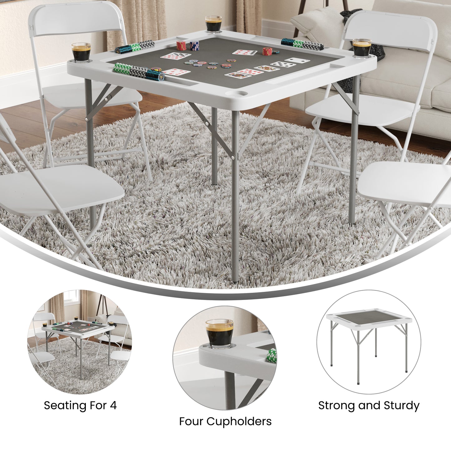 Silas 34.5" Square 4-Player White Folding Card Game Table with Gray Playing Surface and Cup Holders White Top/Gray Felt Surface DAD-MJZ-88-WHGY-GG
