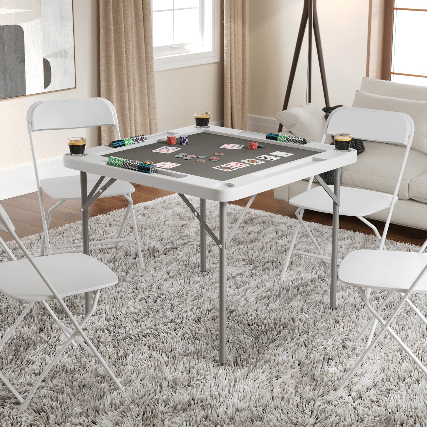 Silas 34.5" Square 4-Player White Folding Card Game Table with Gray Playing Surface and Cup Holders White Top/Gray Felt Surface DAD-MJZ-88-WHGY-GG