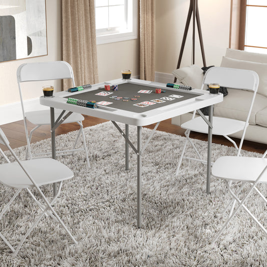 Silas 34.5" Square 4-Player White Folding Card Game Table with Gray Playing Surface and Cup Holders White Top/Gray Felt Surface