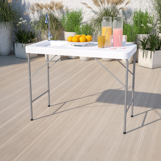 Wesley 4-Foot Portable Fish Cleaning Table / Outdoor Camping Table and Sink Granite White DAD-PYZ-116-GG