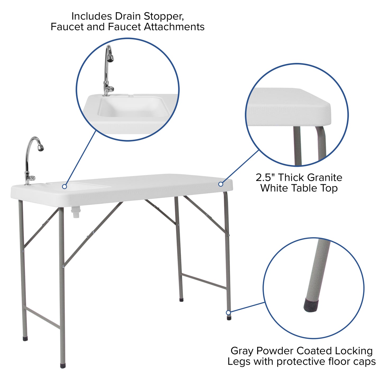 Wesley 4-Foot Portable Fish Cleaning Table / Outdoor Camping Table and Sink Granite White