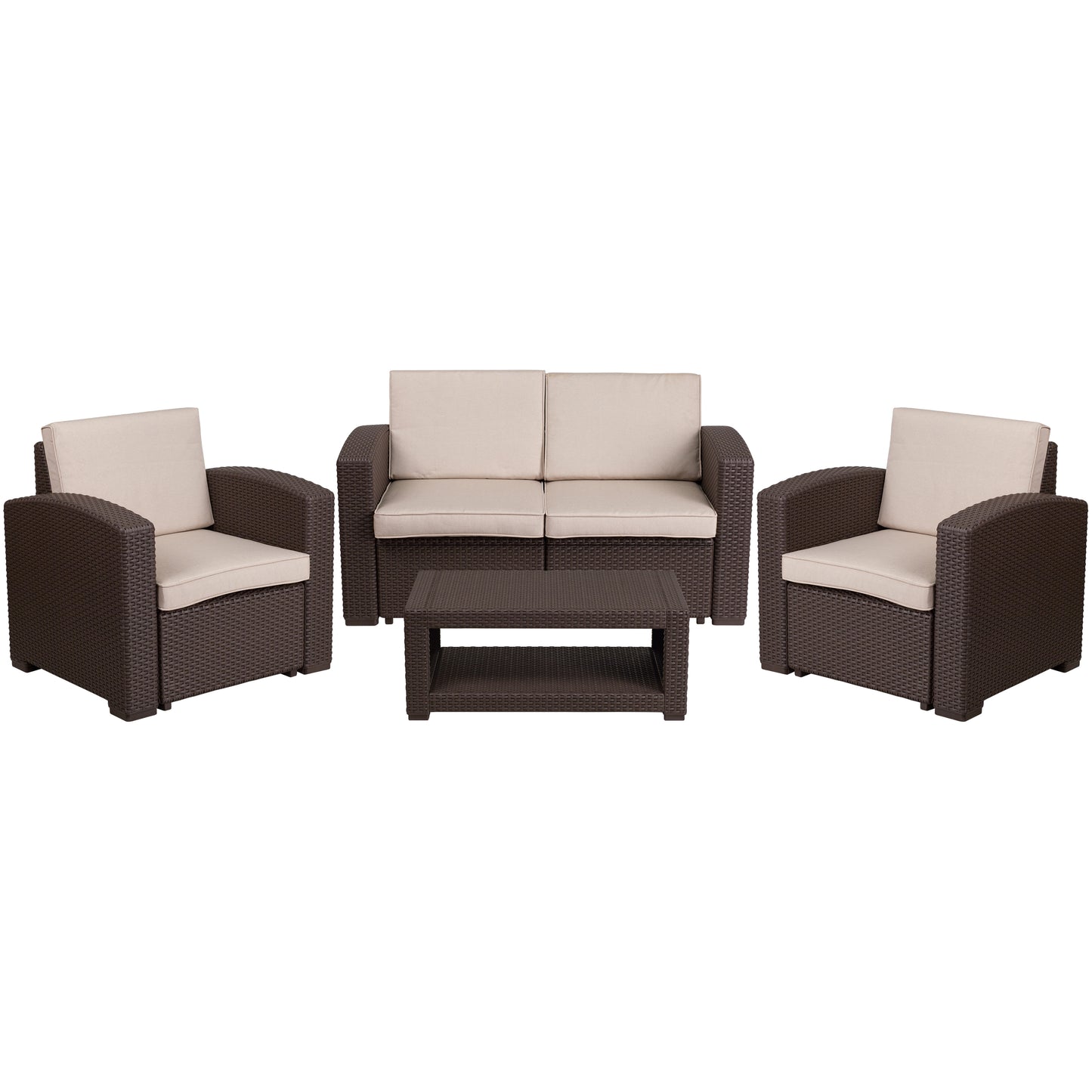 Seneca 4 Piece Outdoor Faux Rattan Chair, Loveseat and Table Set in Seneca Chocolate Brown Chocolate Brown DAD-SF-112T-CBN-GG