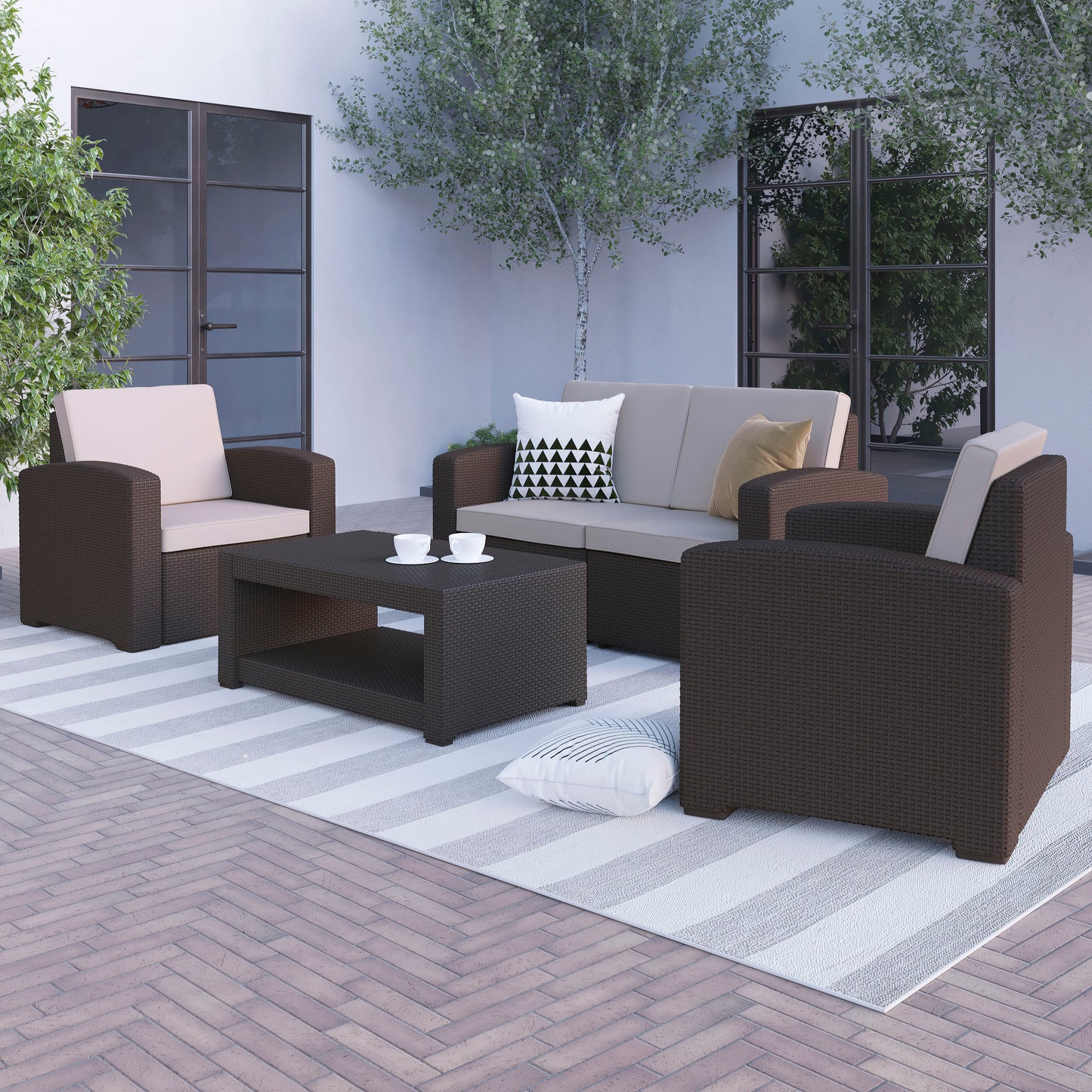 Seneca 4 Piece Outdoor Faux Rattan Chair, Loveseat and Table Set in Seneca Chocolate Brown Chocolate Brown DAD-SF-112T-CBN-GG