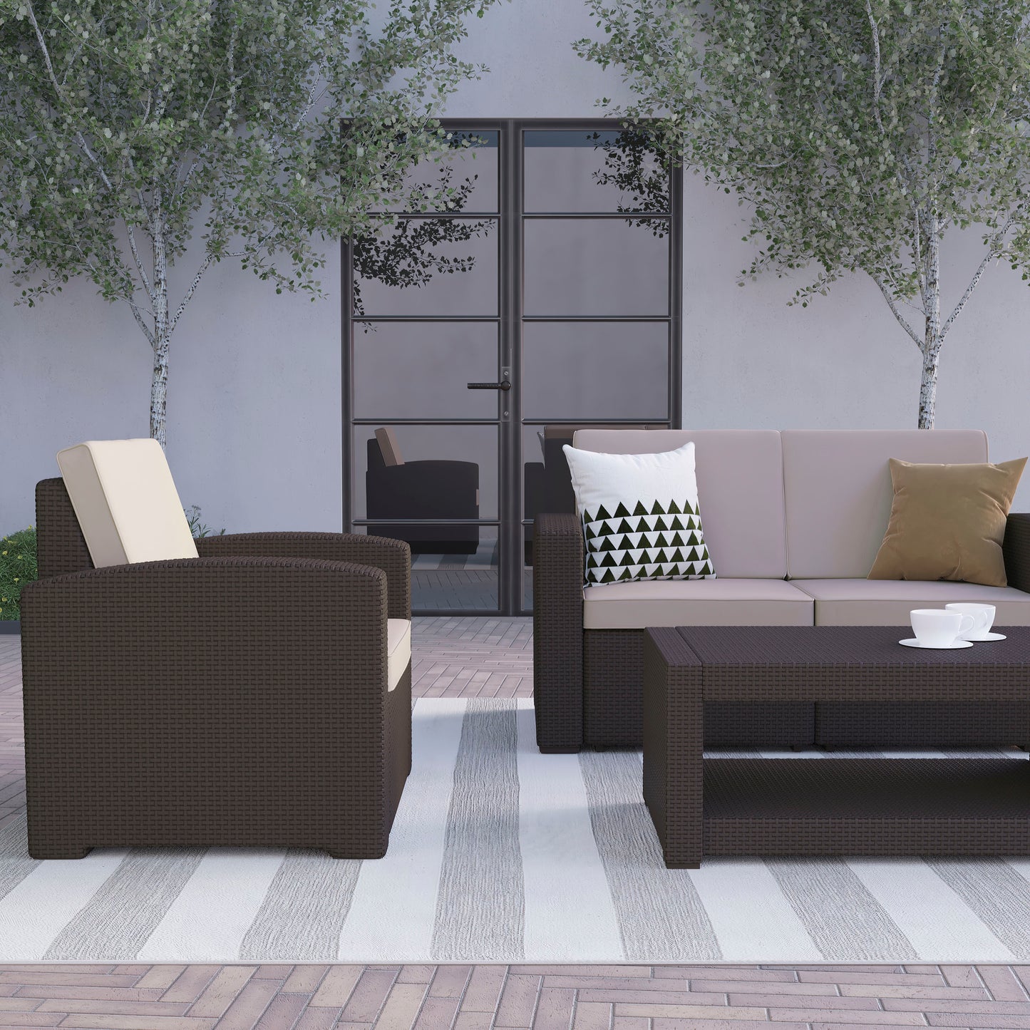Seneca 4 Piece Outdoor Faux Rattan Chair, Loveseat and Table Set in Seneca Chocolate Brown Chocolate Brown DAD-SF-112T-CBN-GG
