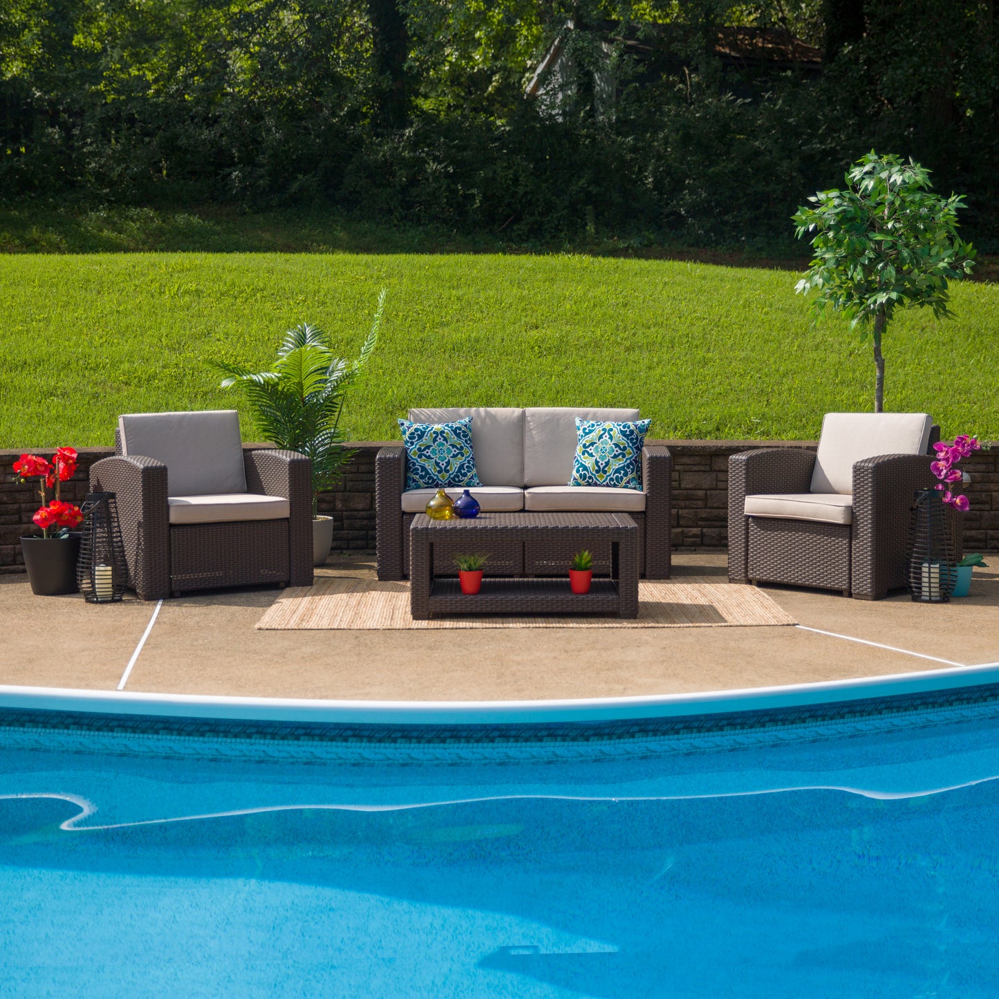 Seneca 4 Piece Outdoor Faux Rattan Chair, Loveseat and Table Set in Seneca Chocolate Brown Chocolate Brown DAD-SF-112T-CBN-GG