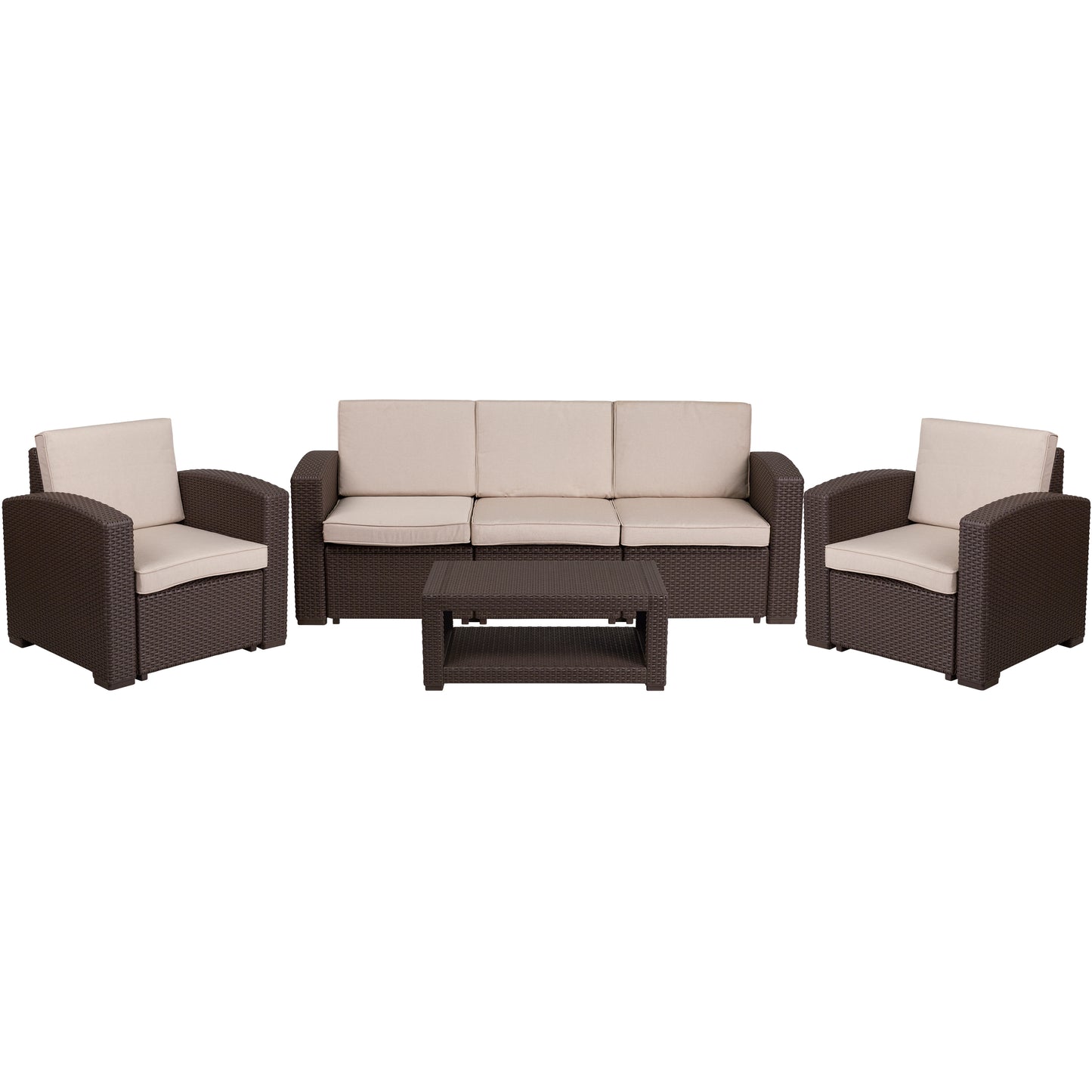 Seneca 4 Piece Outdoor Faux Rattan Chair, Sofa and Table Set in Seneca Chocolate Brown Chocolate Brown