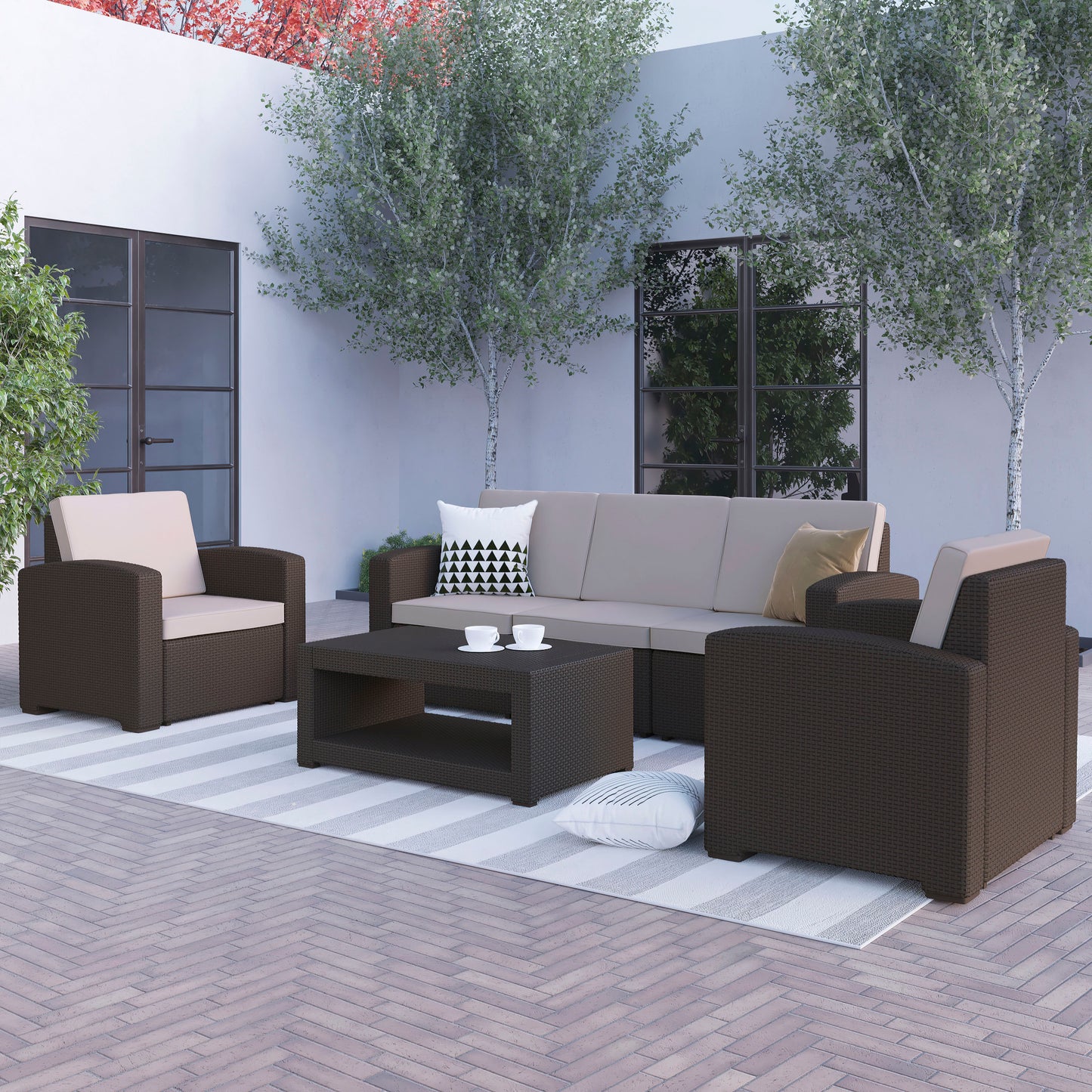 Seneca 4 Piece Outdoor Faux Rattan Chair, Sofa and Table Set in Seneca Chocolate Brown Chocolate Brown