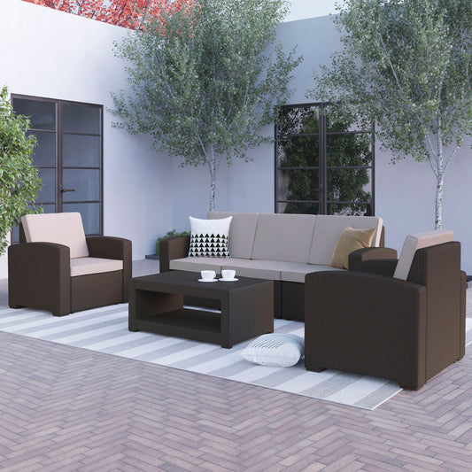Seneca 4 Piece Outdoor Faux Rattan Chair, Sofa and Table Set in Seneca Chocolate Brown Chocolate Brown