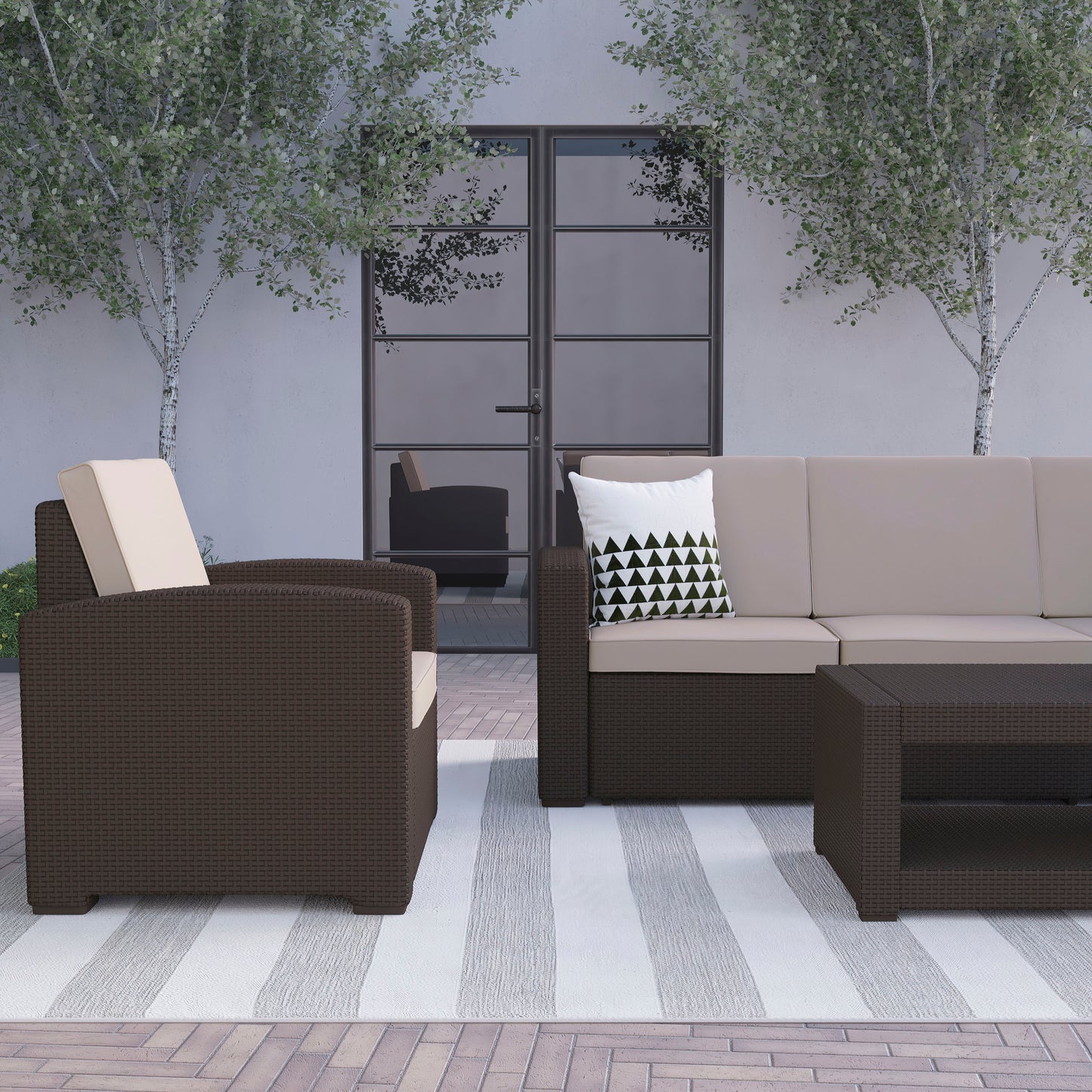 Seneca 4 Piece Outdoor Faux Rattan Chair, Sofa and Table Set in Seneca Chocolate Brown Chocolate Brown