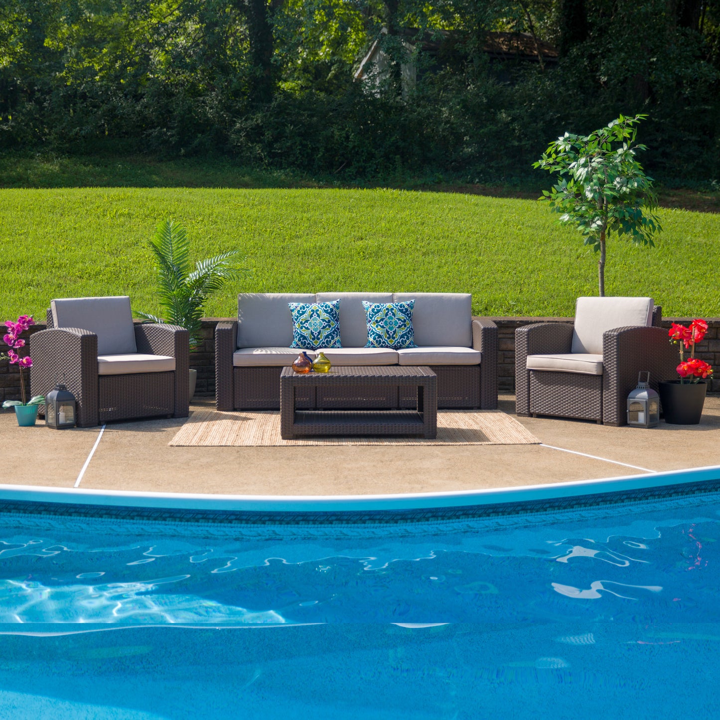 Seneca 4 Piece Outdoor Faux Rattan Chair, Sofa and Table Set in Seneca Chocolate Brown Chocolate Brown