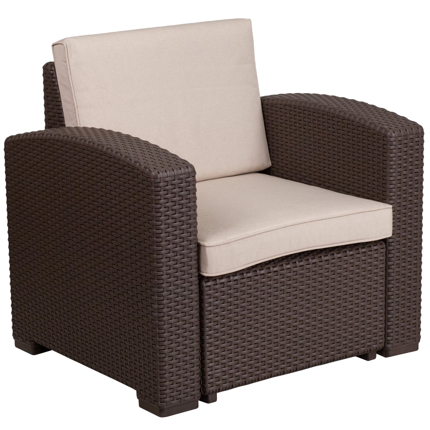 Seneca Chocolate Brown Faux Rattan Chair with All-Weather Beige Cushion Beige Cushions/Chocolate Brown Frame