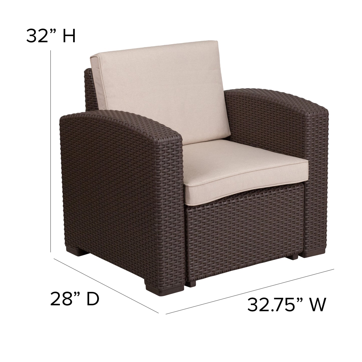 Seneca Chocolate Brown Faux Rattan Chair with All-Weather Beige Cushion Beige Cushions/Chocolate Brown Frame
