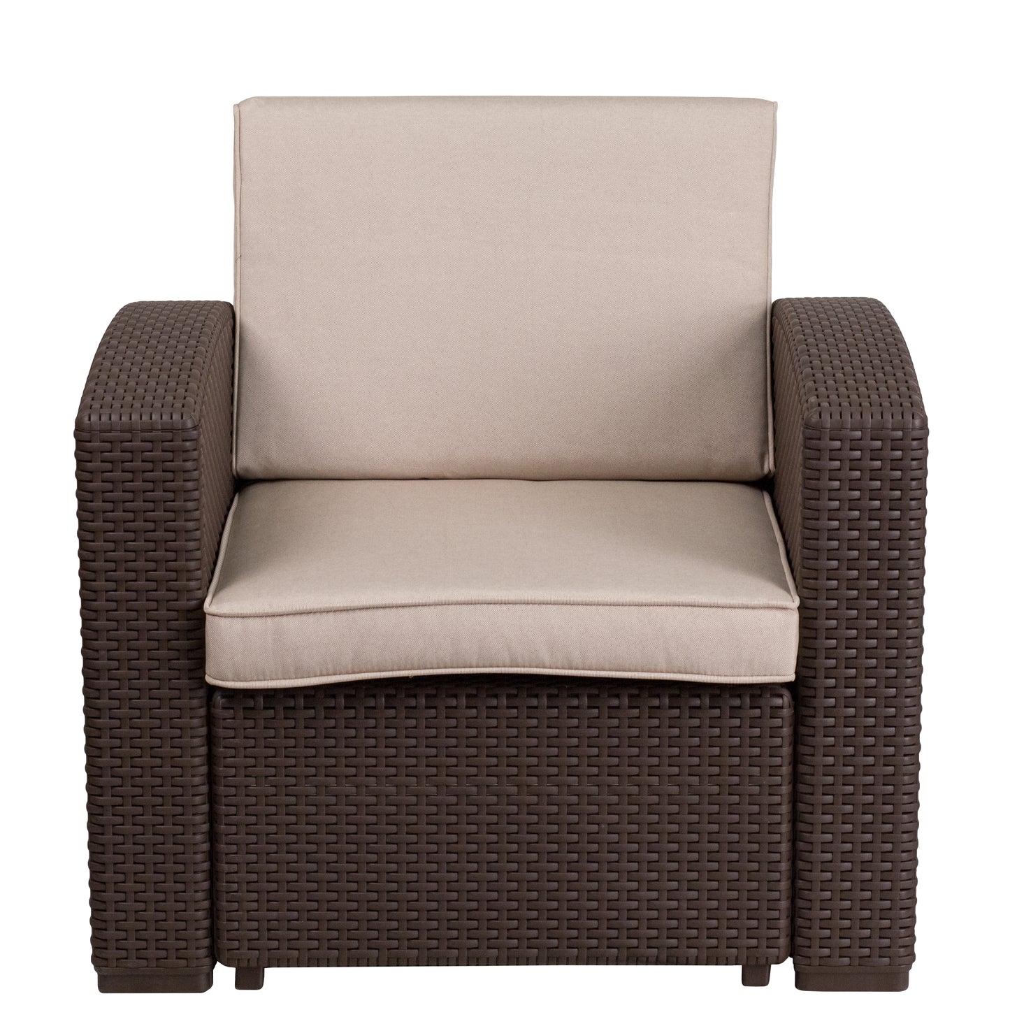 Seneca Chocolate Brown Faux Rattan Chair with All-Weather Beige Cushion Beige Cushions/Chocolate Brown Frame