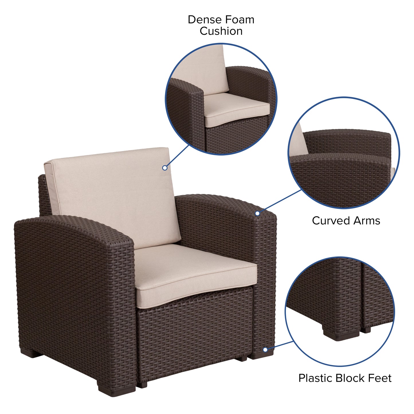 Seneca Chocolate Brown Faux Rattan Chair with All-Weather Beige Cushion Beige Cushions/Chocolate Brown Frame