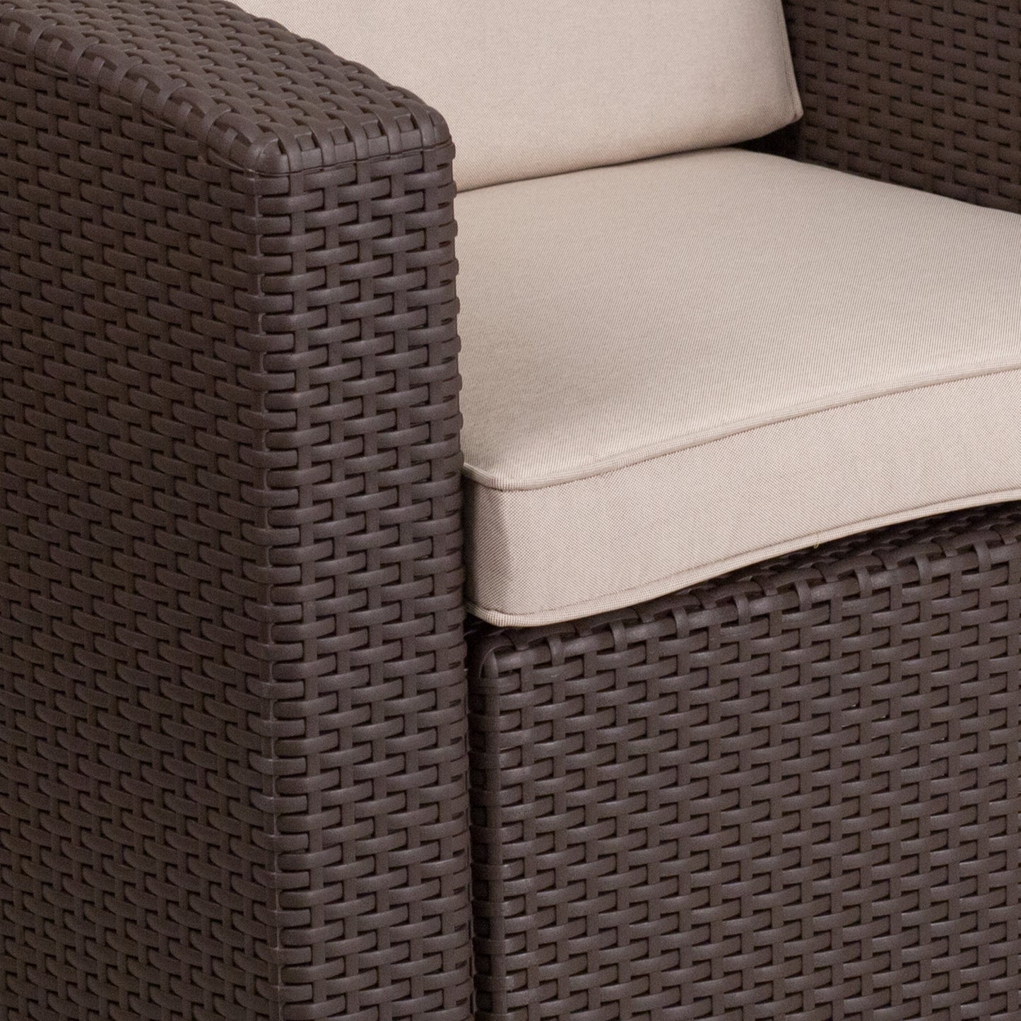 Seneca Chocolate Brown Faux Rattan Chair with All-Weather Beige Cushion Beige Cushions/Chocolate Brown Frame