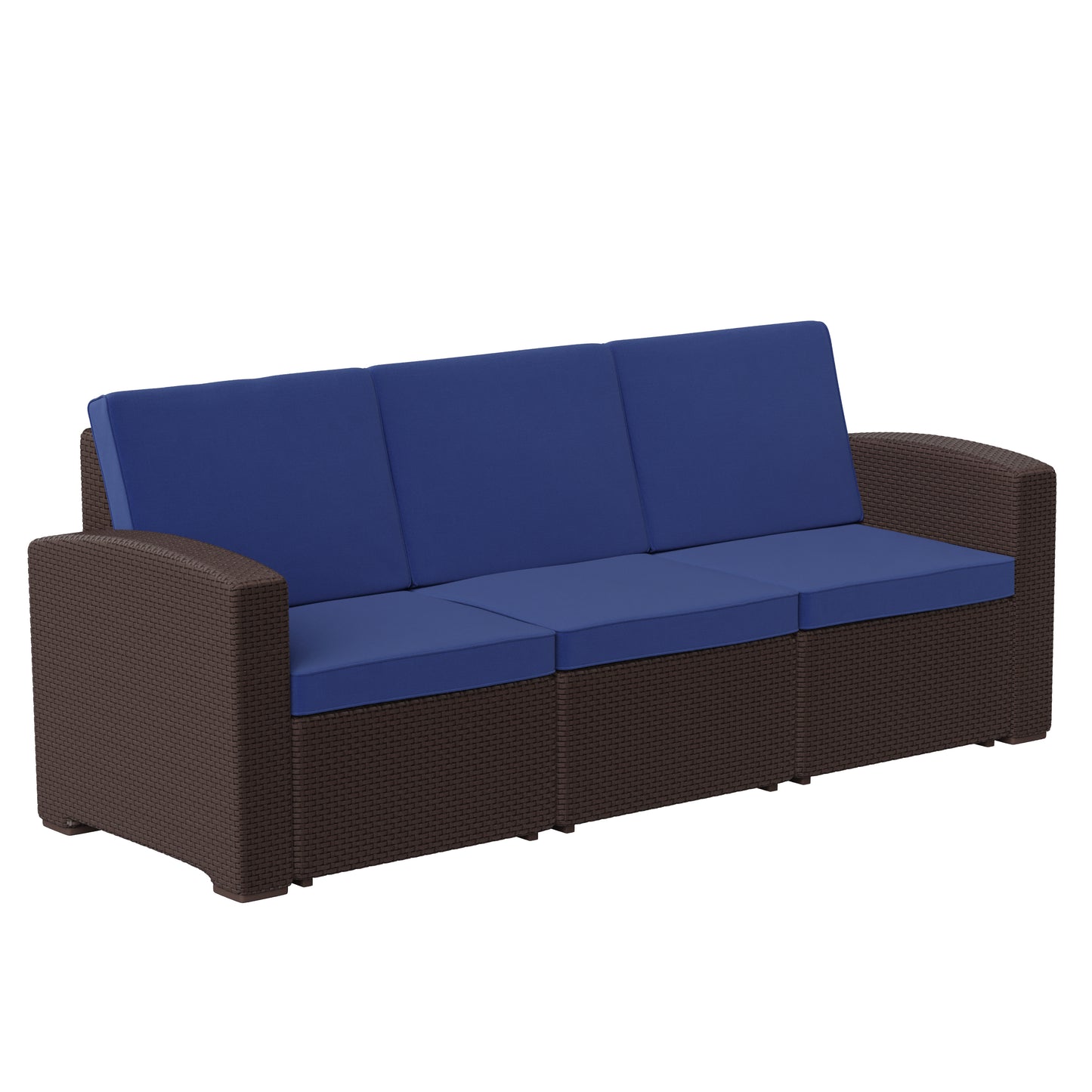 Seneca Brown Faux Rattan Sofa with All-Weather Navy Cushions Navy Cushions/Chocolate Brown Frame