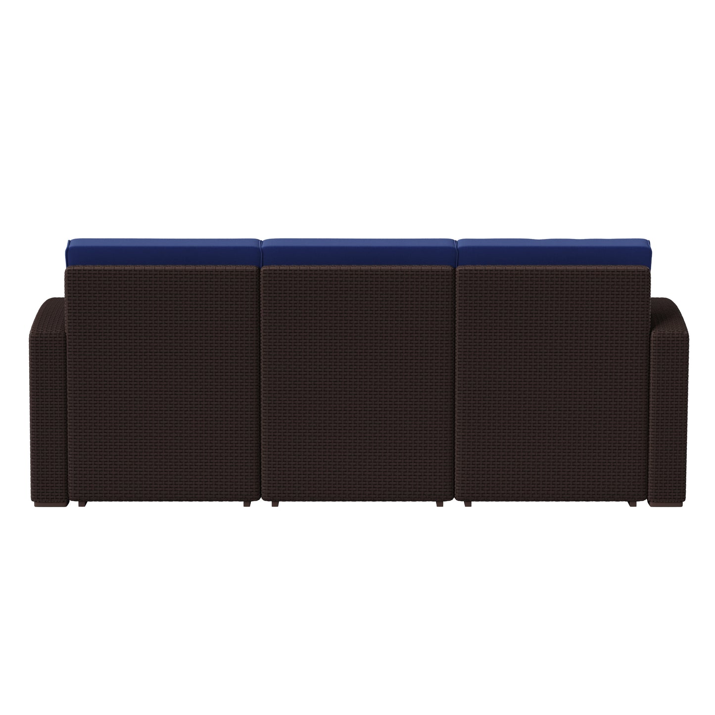 Seneca Brown Faux Rattan Sofa with All-Weather Navy Cushions Navy Cushions/Chocolate Brown Frame
