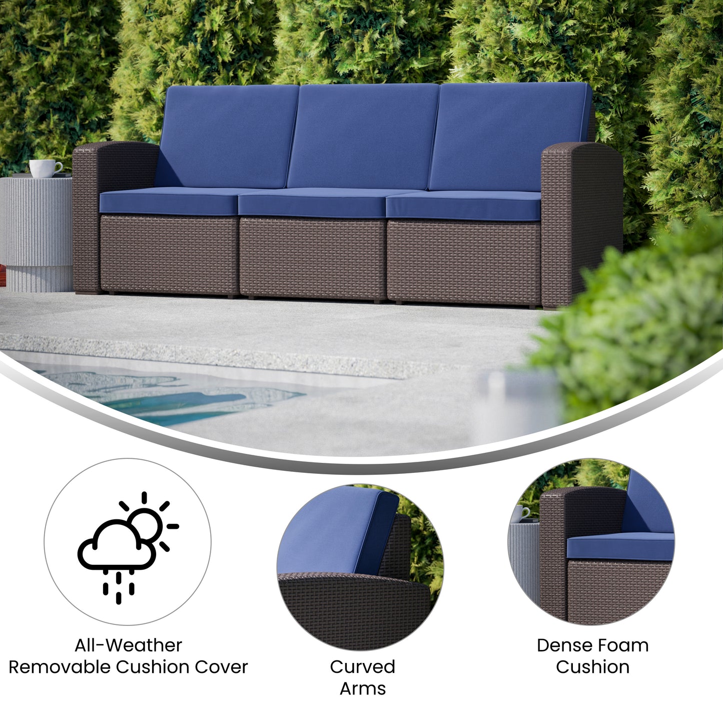 Seneca Brown Faux Rattan Sofa with All-Weather Navy Cushions Navy Cushions/Chocolate Brown Frame