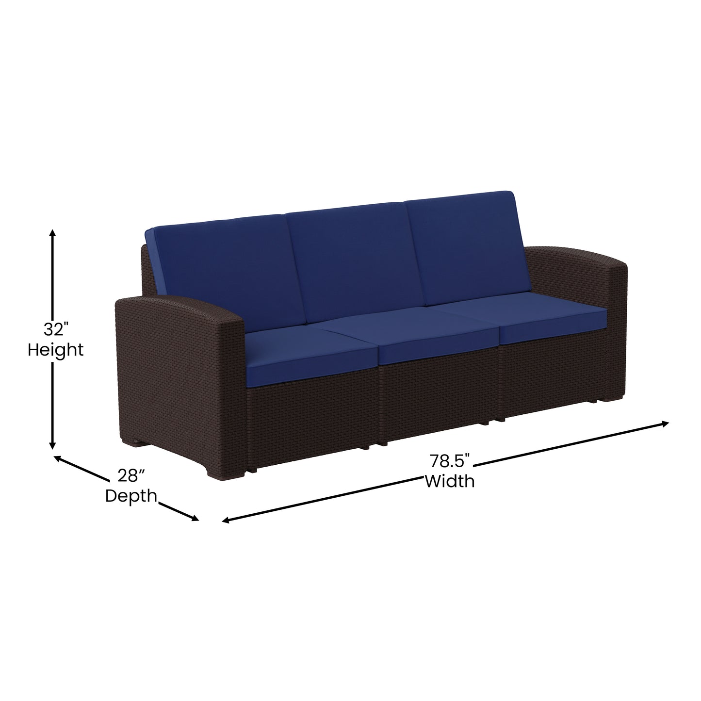 Seneca Brown Faux Rattan Sofa with All-Weather Navy Cushions Navy Cushions/Chocolate Brown Frame