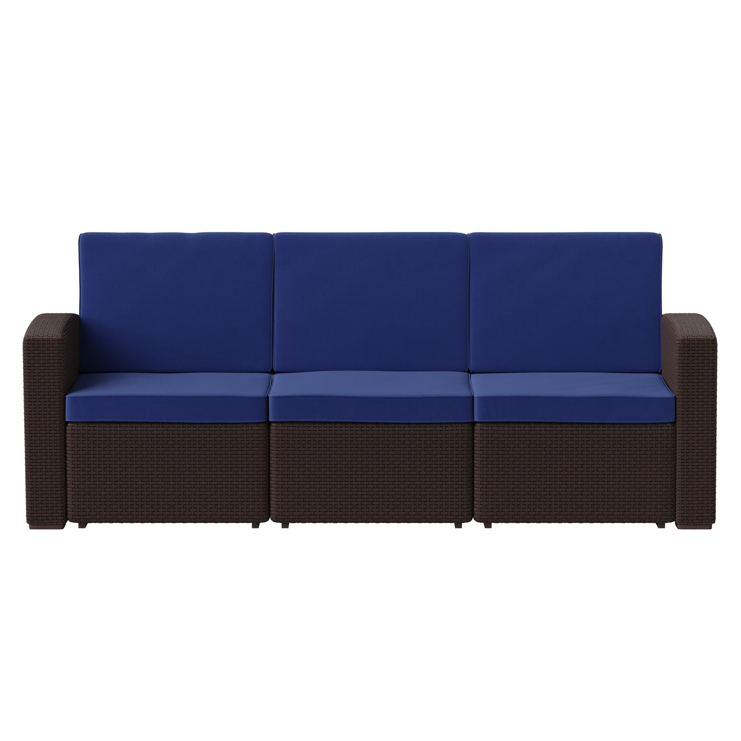 Seneca Brown Faux Rattan Sofa with All-Weather Navy Cushions Navy Cushions/Chocolate Brown Frame