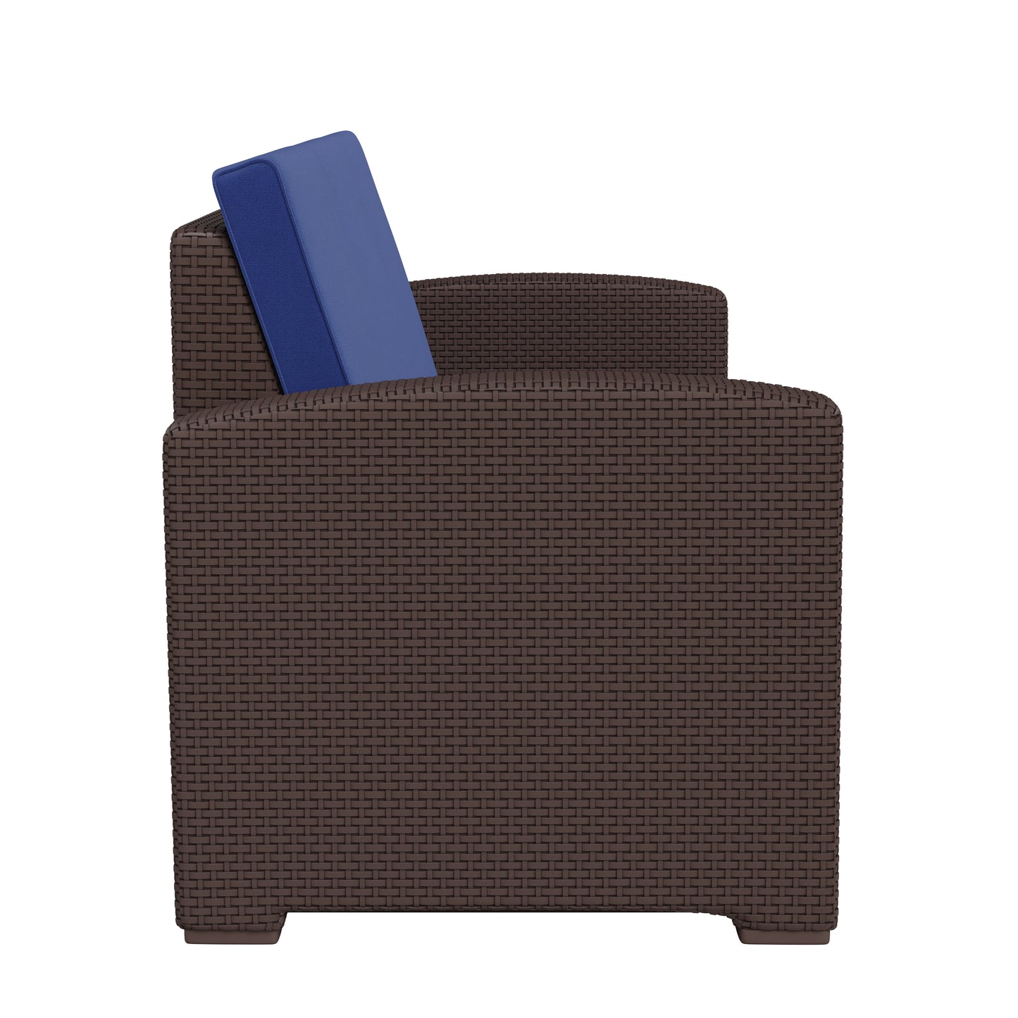 Seneca Brown Faux Rattan Sofa with All-Weather Navy Cushions Navy Cushions/Chocolate Brown Frame