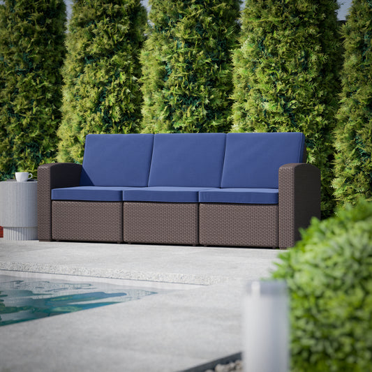 Seneca Brown Faux Rattan Sofa with All-Weather Navy Cushions Navy Cushions/Chocolate Brown Frame DAD-SF1-3-BNNV-GG