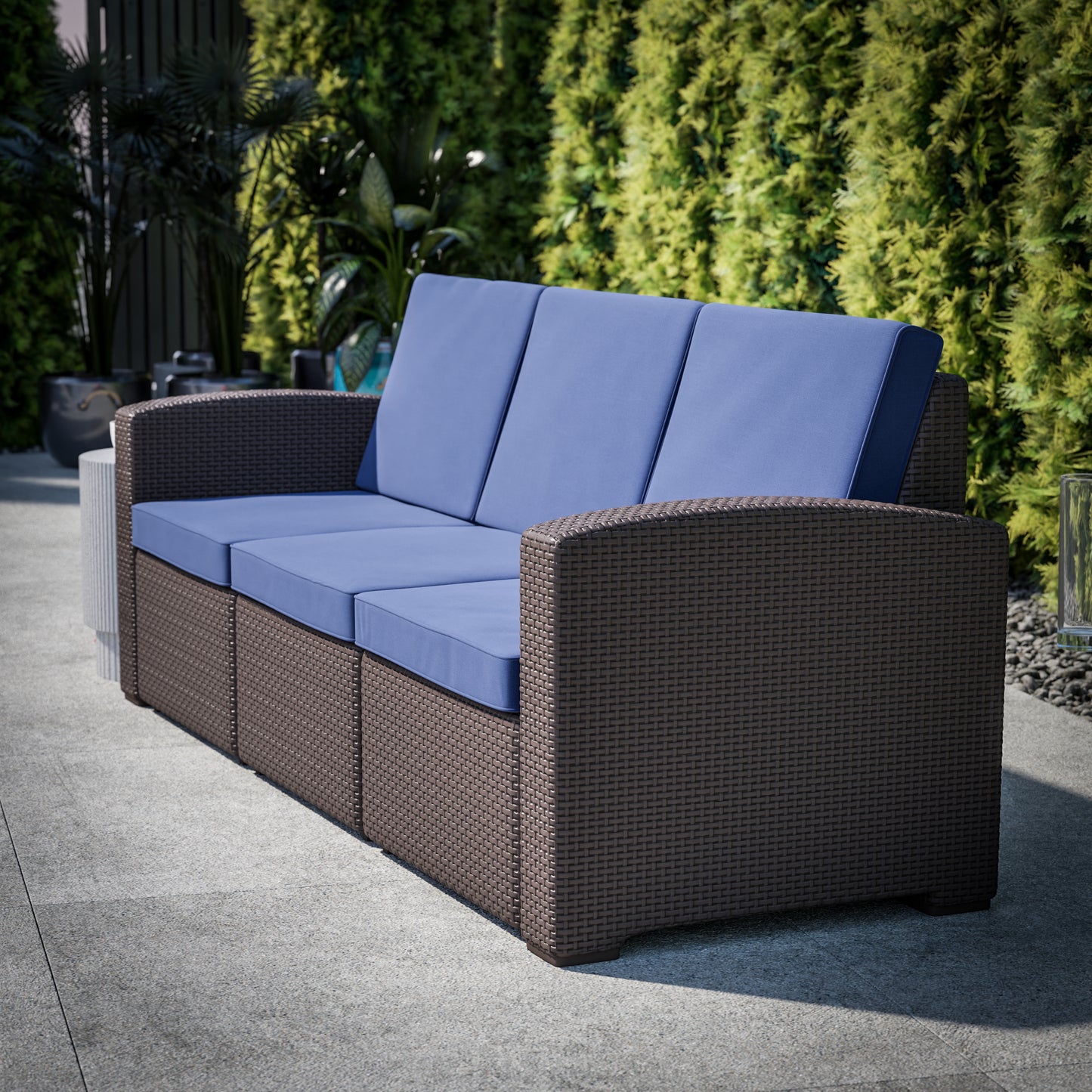 Seneca Brown Faux Rattan Sofa with All-Weather Navy Cushions Navy Cushions/Chocolate Brown Frame