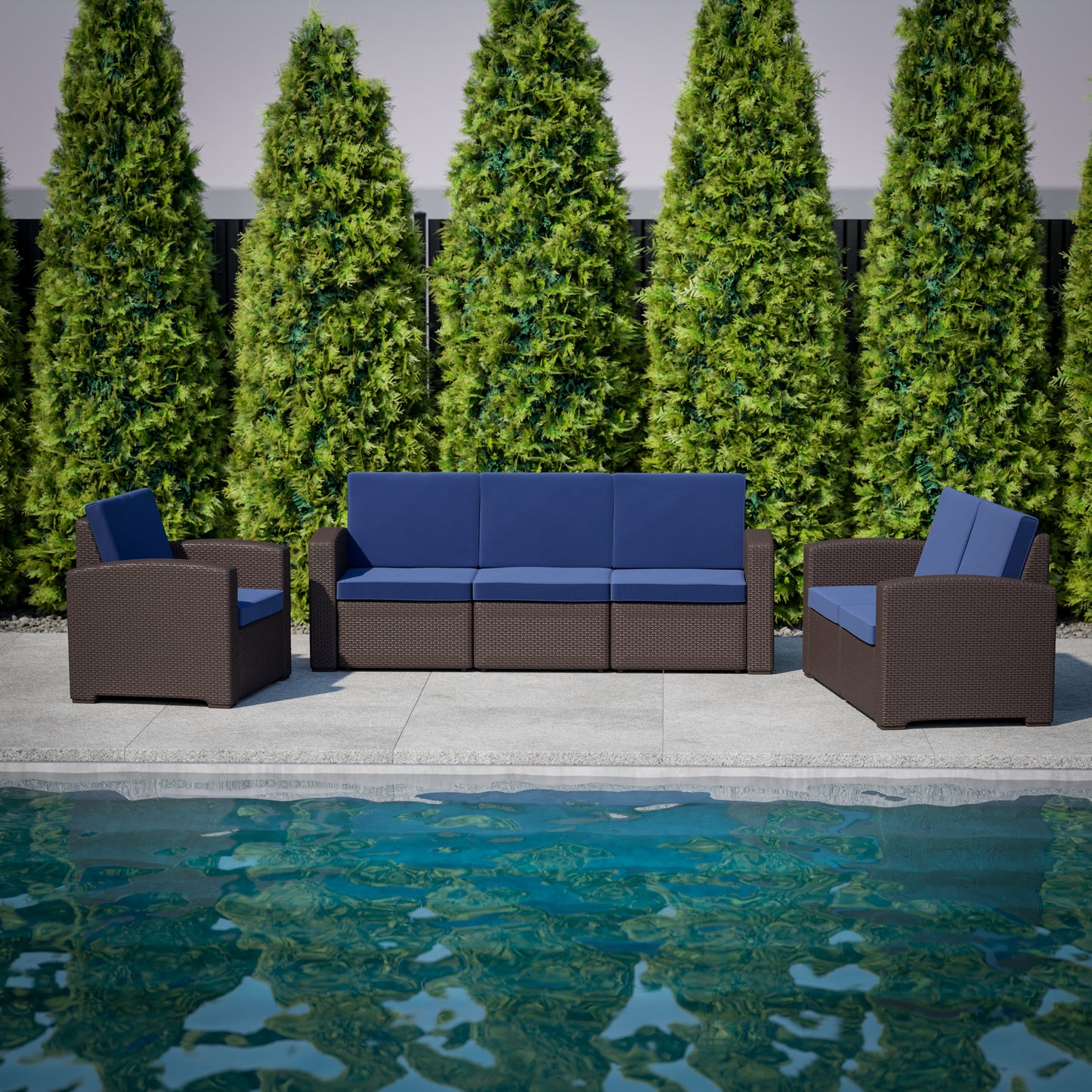 Seneca Brown Faux Rattan Sofa with All-Weather Navy Cushions Navy Cushions/Chocolate Brown Frame