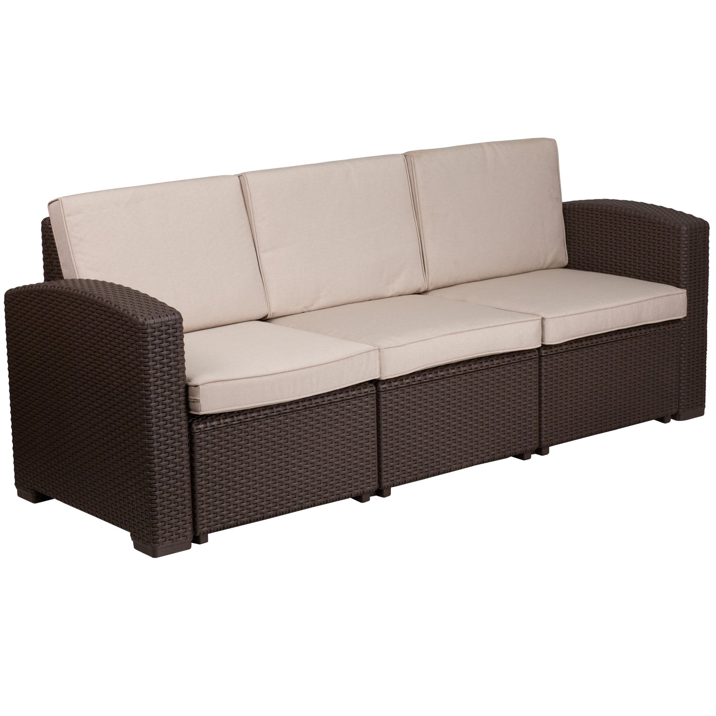 Seneca Chocolate Brown Faux Rattan Sofa with All-Weather Beige Cushions Beige Cushions/Chocolate Brown Frame