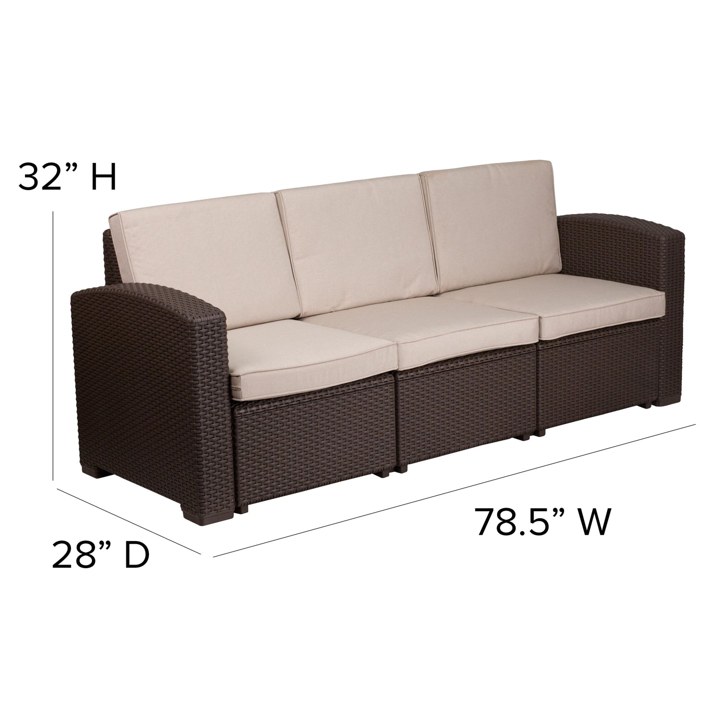 Seneca Chocolate Brown Faux Rattan Sofa with All-Weather Beige Cushions Beige Cushions/Chocolate Brown Frame