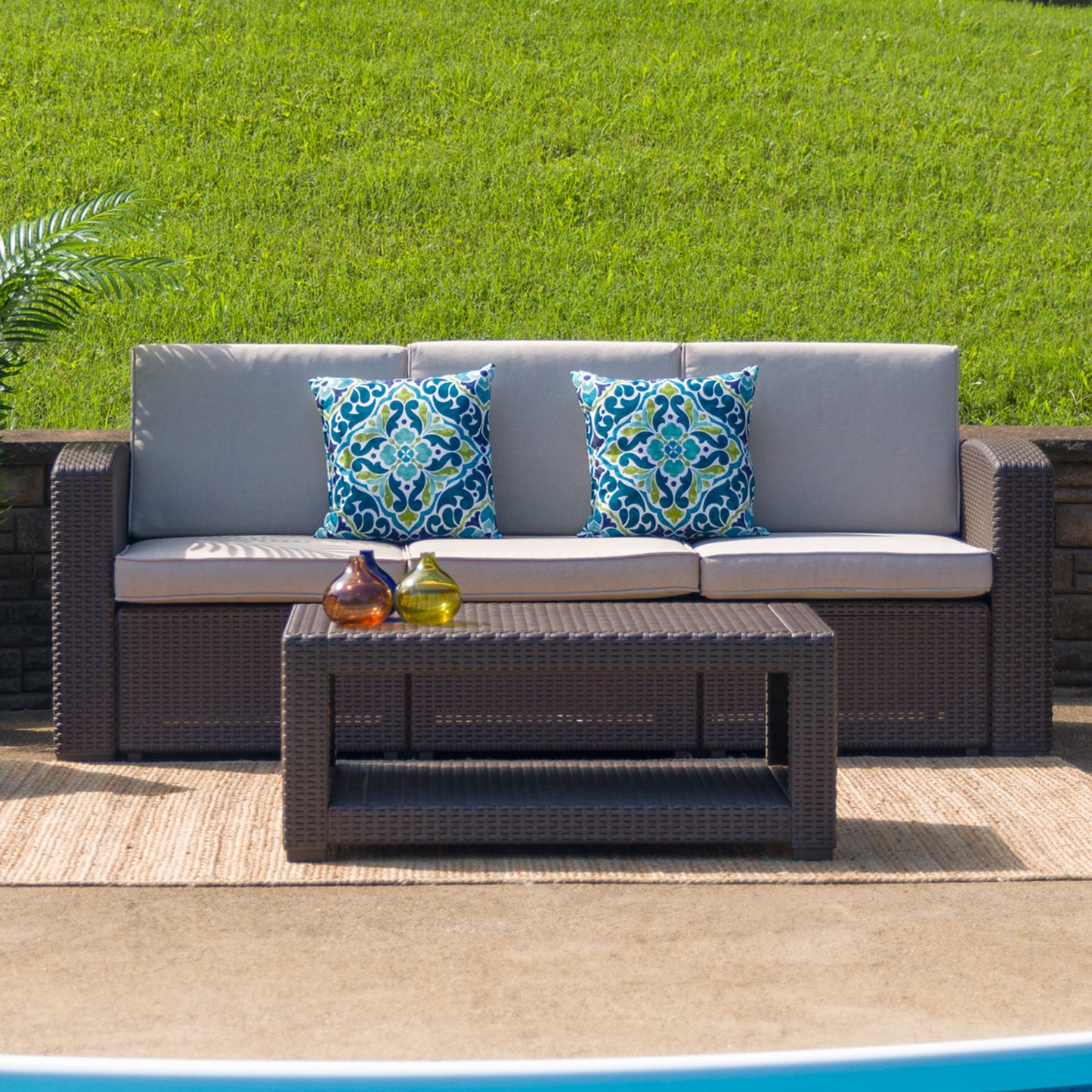 Seneca Chocolate Brown Faux Rattan Sofa with All-Weather Beige Cushions Beige Cushions/Chocolate Brown Frame