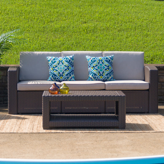 Seneca Chocolate Brown Faux Rattan Sofa with All-Weather Beige Cushions Beige Cushions/Chocolate Brown Frame DAD-SF1-3-GG