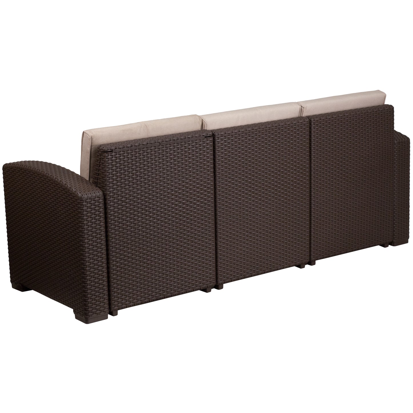 Seneca Chocolate Brown Faux Rattan Sofa with All-Weather Beige Cushions Beige Cushions/Chocolate Brown Frame