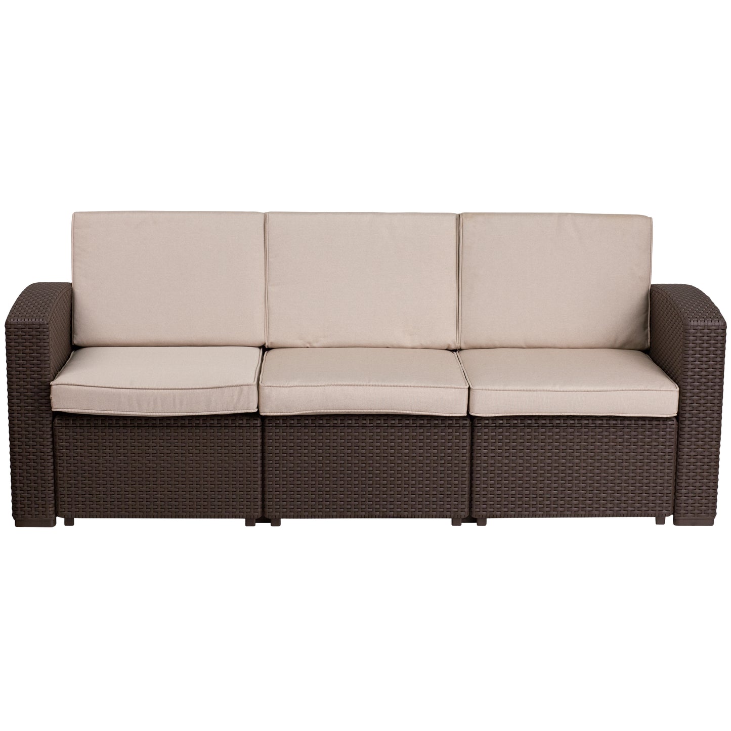 Seneca Chocolate Brown Faux Rattan Sofa with All-Weather Beige Cushions Beige Cushions/Chocolate Brown Frame
