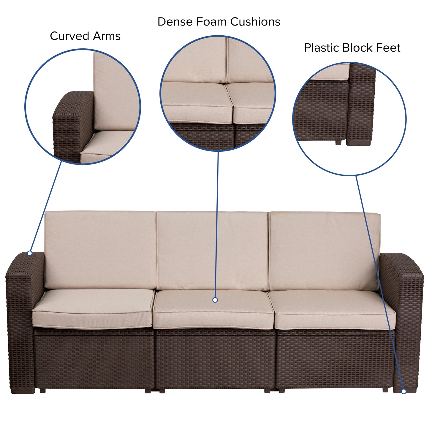 Seneca Chocolate Brown Faux Rattan Sofa with All-Weather Beige Cushions Beige Cushions/Chocolate Brown Frame