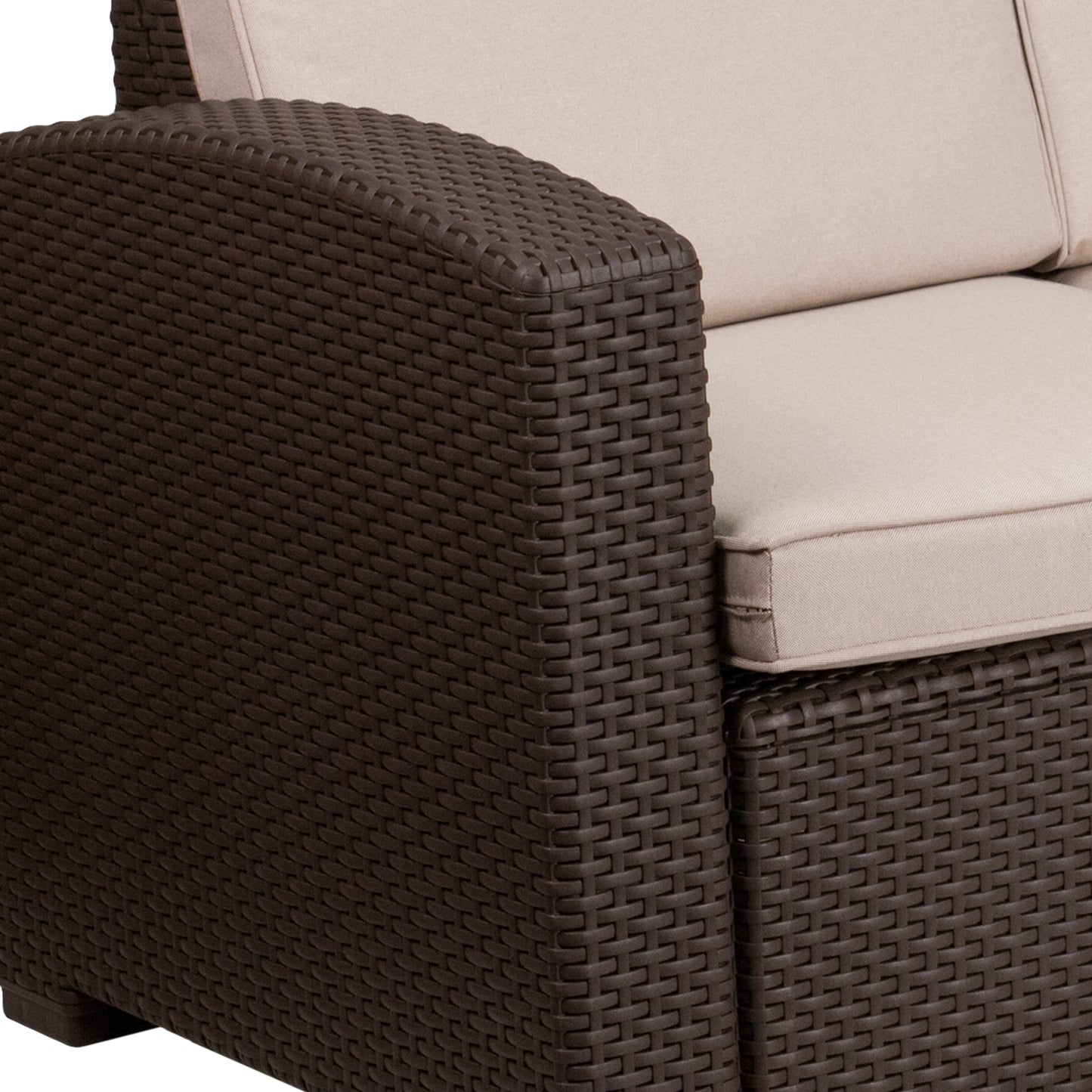 Seneca Chocolate Brown Faux Rattan Sofa with All-Weather Beige Cushions Beige Cushions/Chocolate Brown Frame