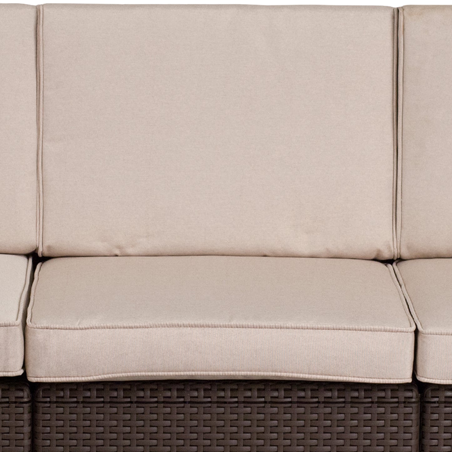 Seneca Chocolate Brown Faux Rattan Sofa with All-Weather Beige Cushions Beige Cushions/Chocolate Brown Frame