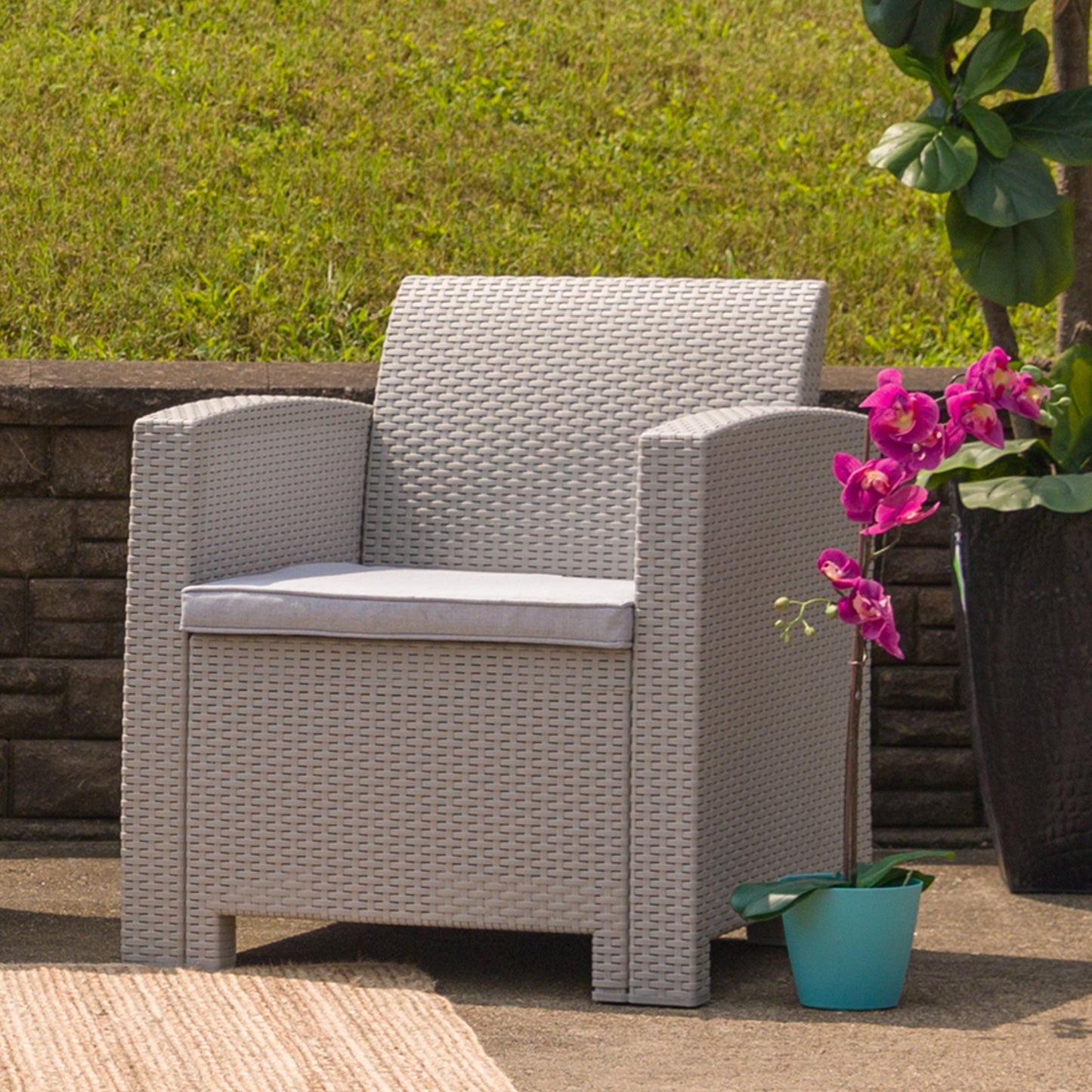 Seneca Light Gray Faux Rattan Chair with All-Weather Seneca Light Gray Cushion Light Gray