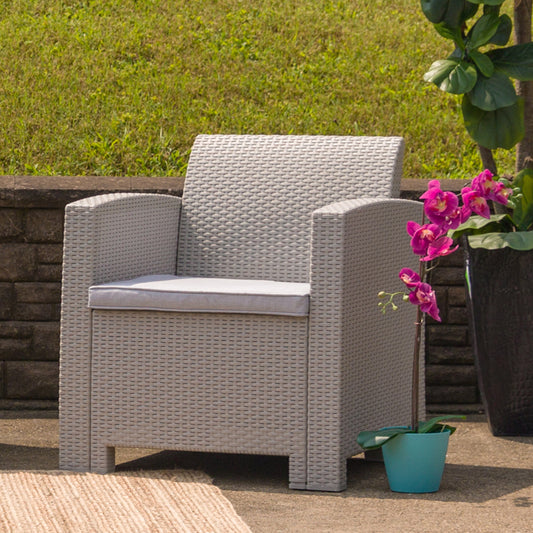 Seneca Light Gray Faux Rattan Chair with All-Weather Seneca Light Gray Cushion Light Gray