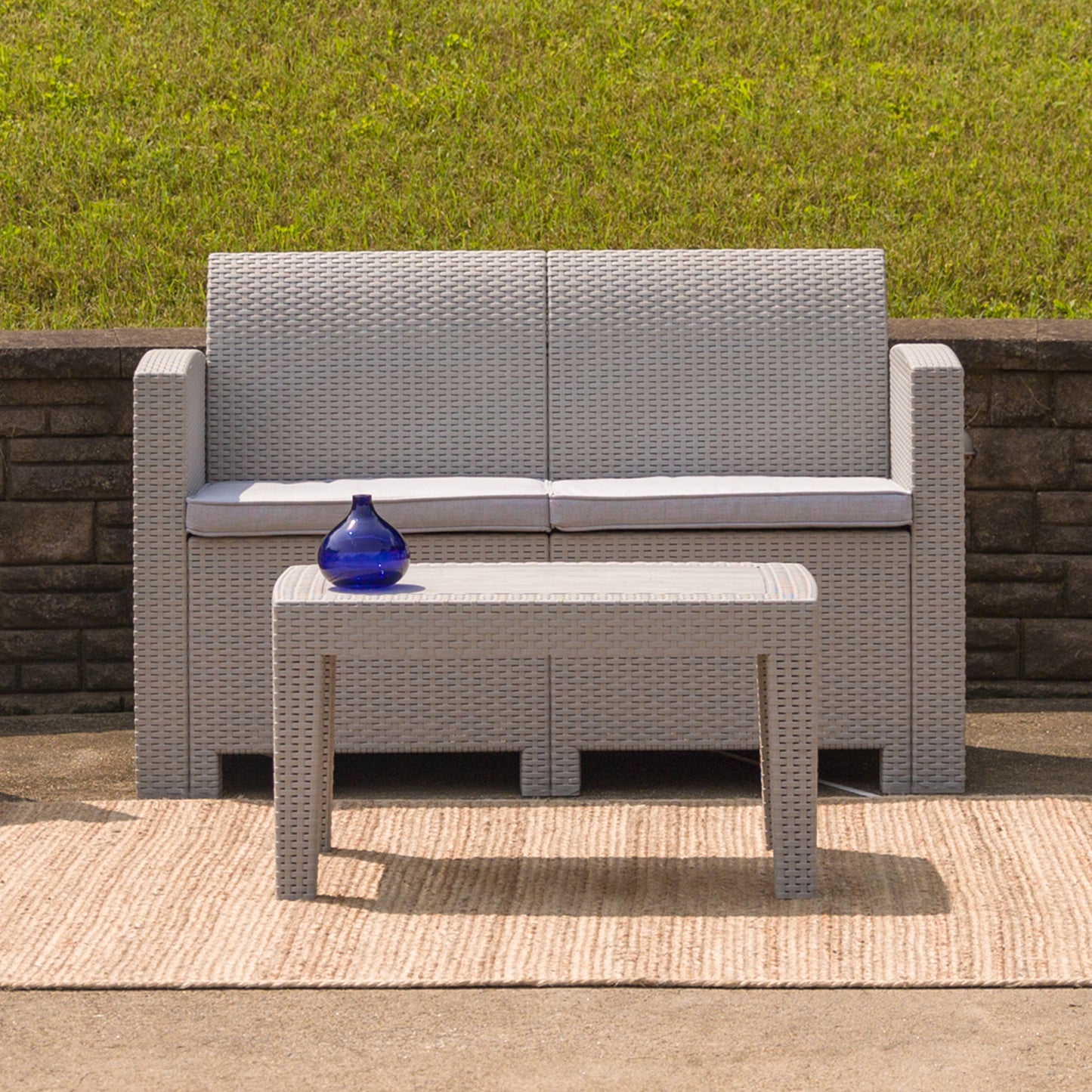 Seneca Light Gray Faux Rattan Loveseat with All-Weather Seneca Light Gray Cushions Light Gray