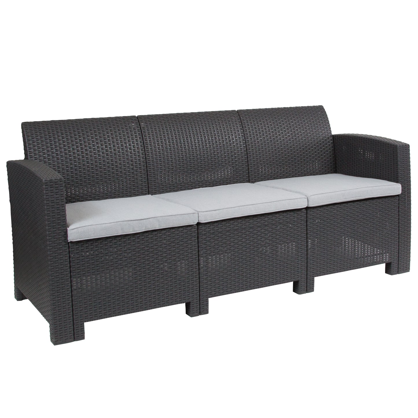 Seneca Dark Gray Faux Rattan Sofa with All-Weather Seneca Light Gray Cushions Dark Gray
