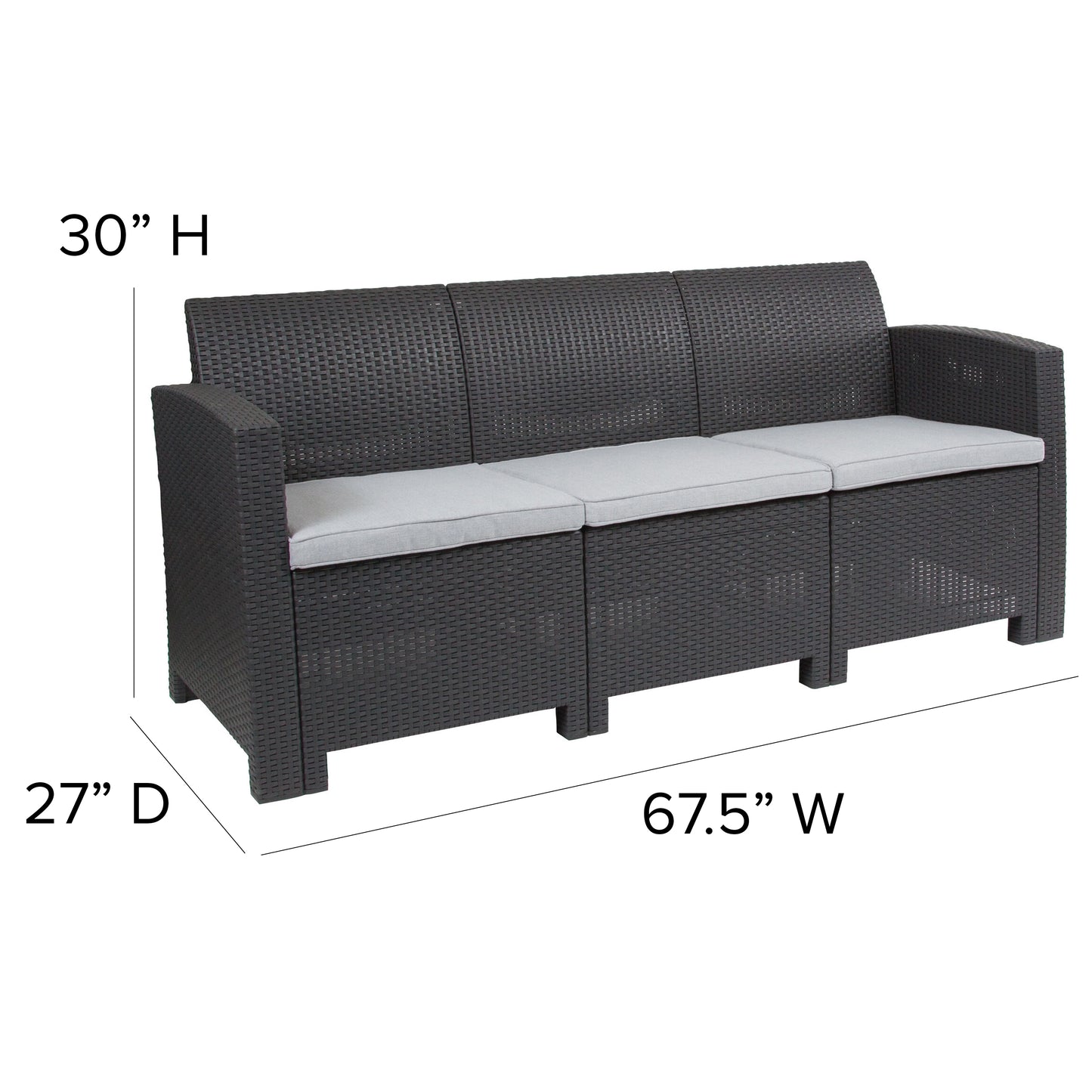Seneca Dark Gray Faux Rattan Sofa with All-Weather Seneca Light Gray Cushions Dark Gray