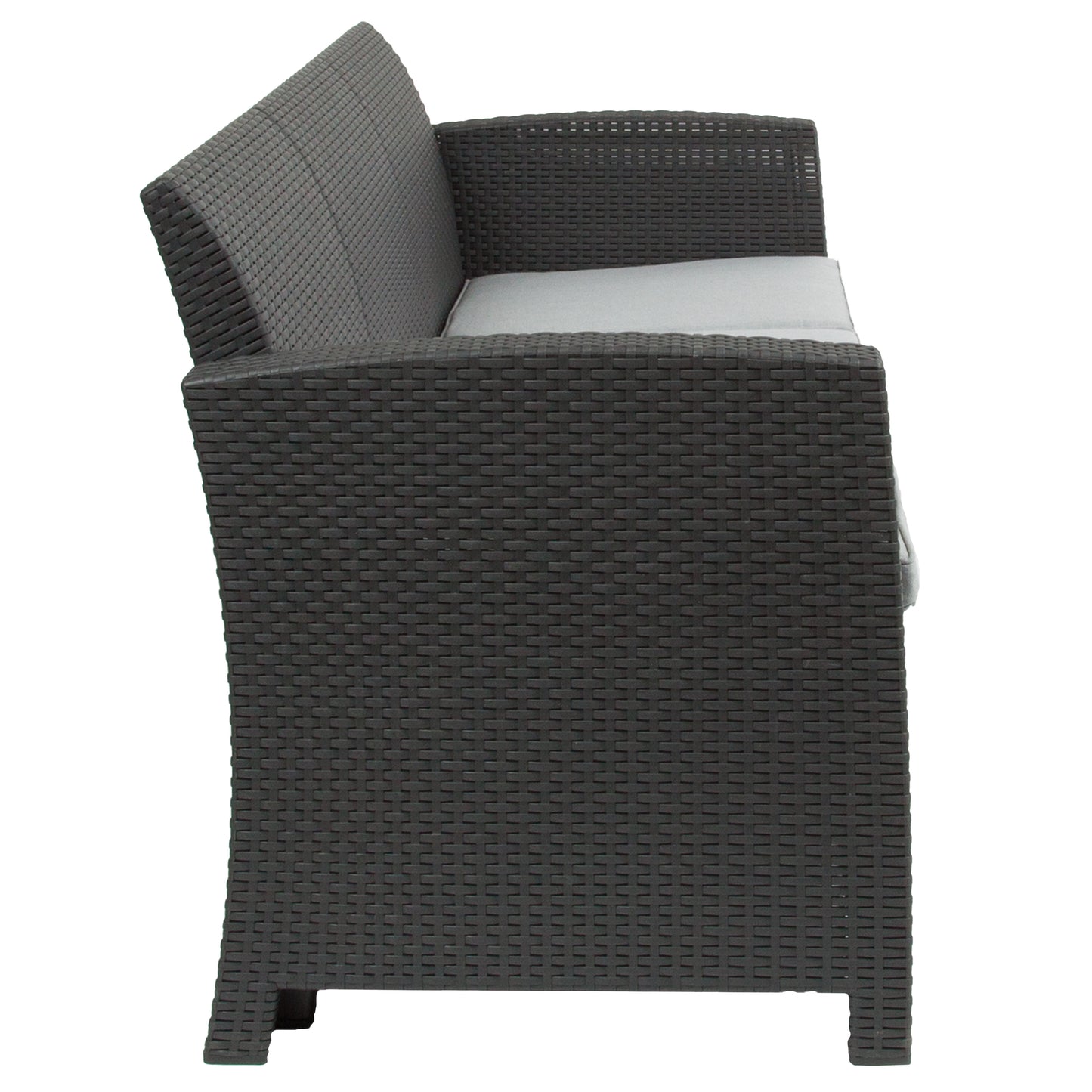 Seneca Dark Gray Faux Rattan Sofa with All-Weather Seneca Light Gray Cushions Dark Gray
