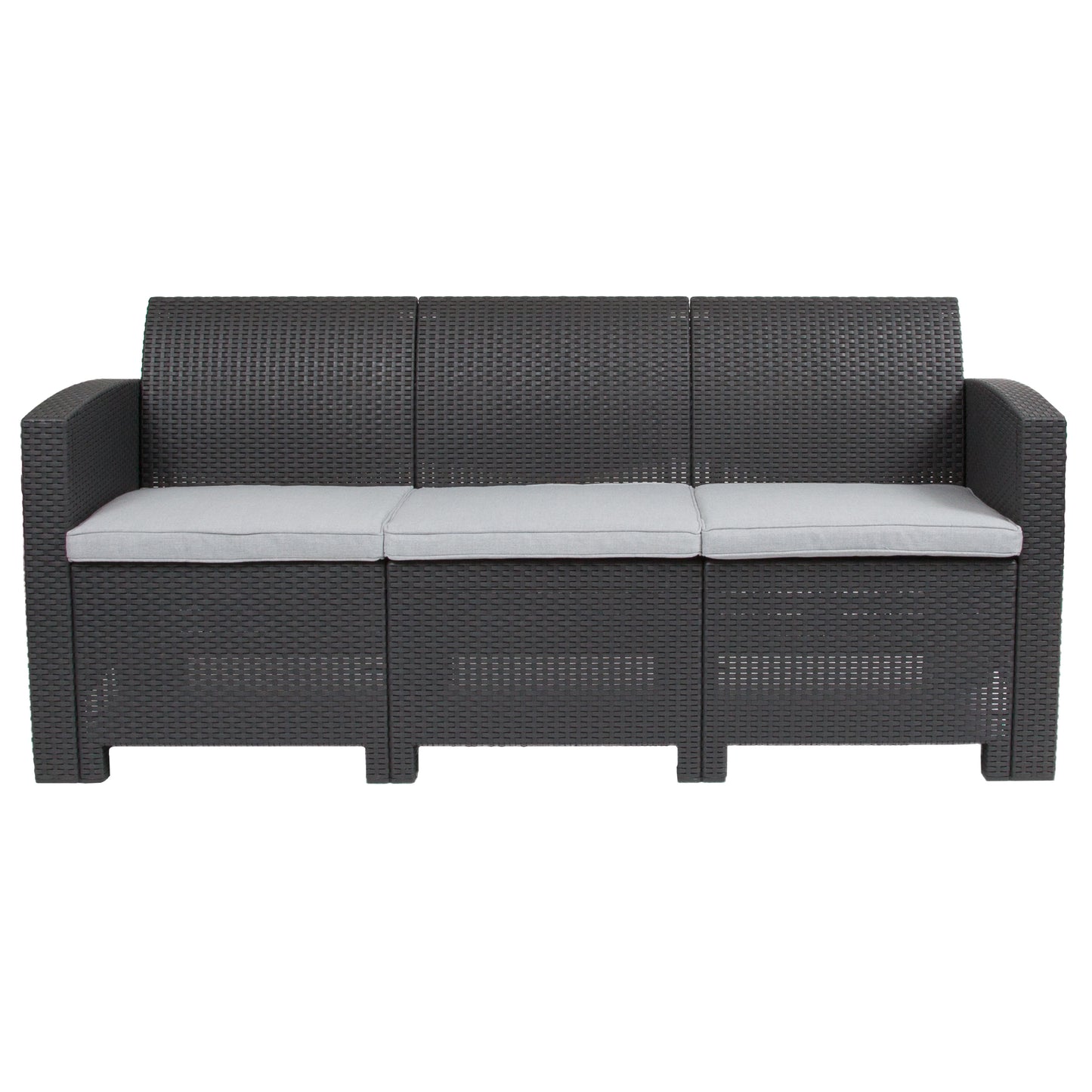 Seneca Dark Gray Faux Rattan Sofa with All-Weather Seneca Light Gray Cushions Dark Gray
