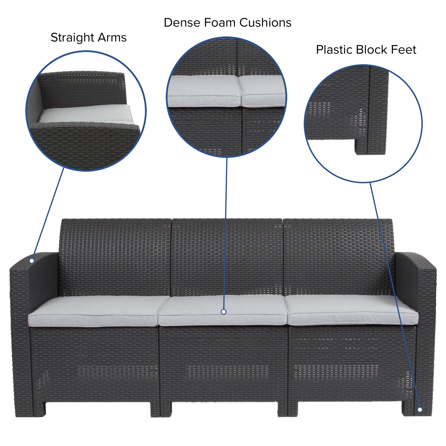 Seneca Dark Gray Faux Rattan Sofa with All-Weather Seneca Light Gray Cushions Dark Gray
